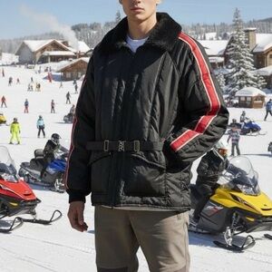 Vintage 70s Black Red Snowmobile Belted Jacket Stripes USA JCPenney Mens Large